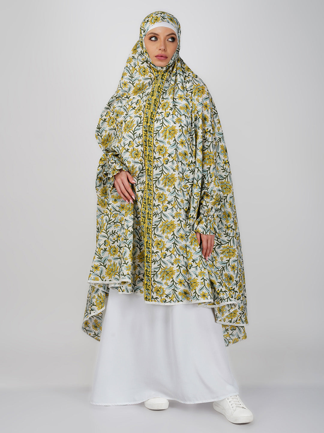 Ruhee Yellow Floral Knee Length Cotton Namaz Makhna