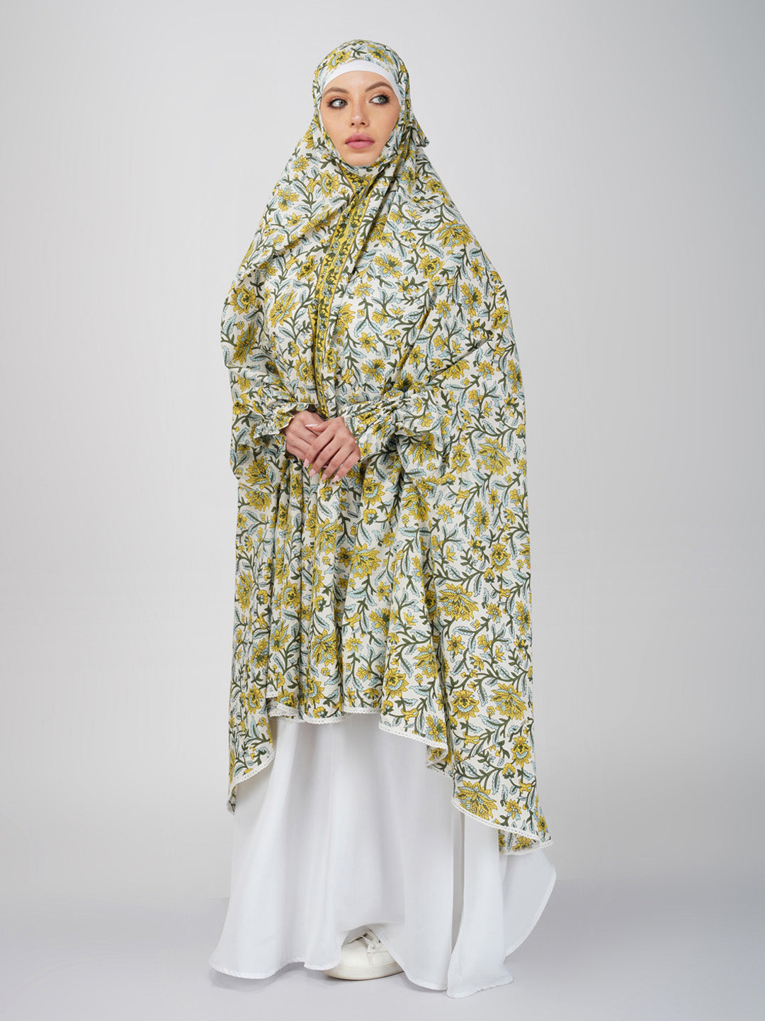 Ruhee Yellow Floral Knee Length Cotton Namaz Makhna