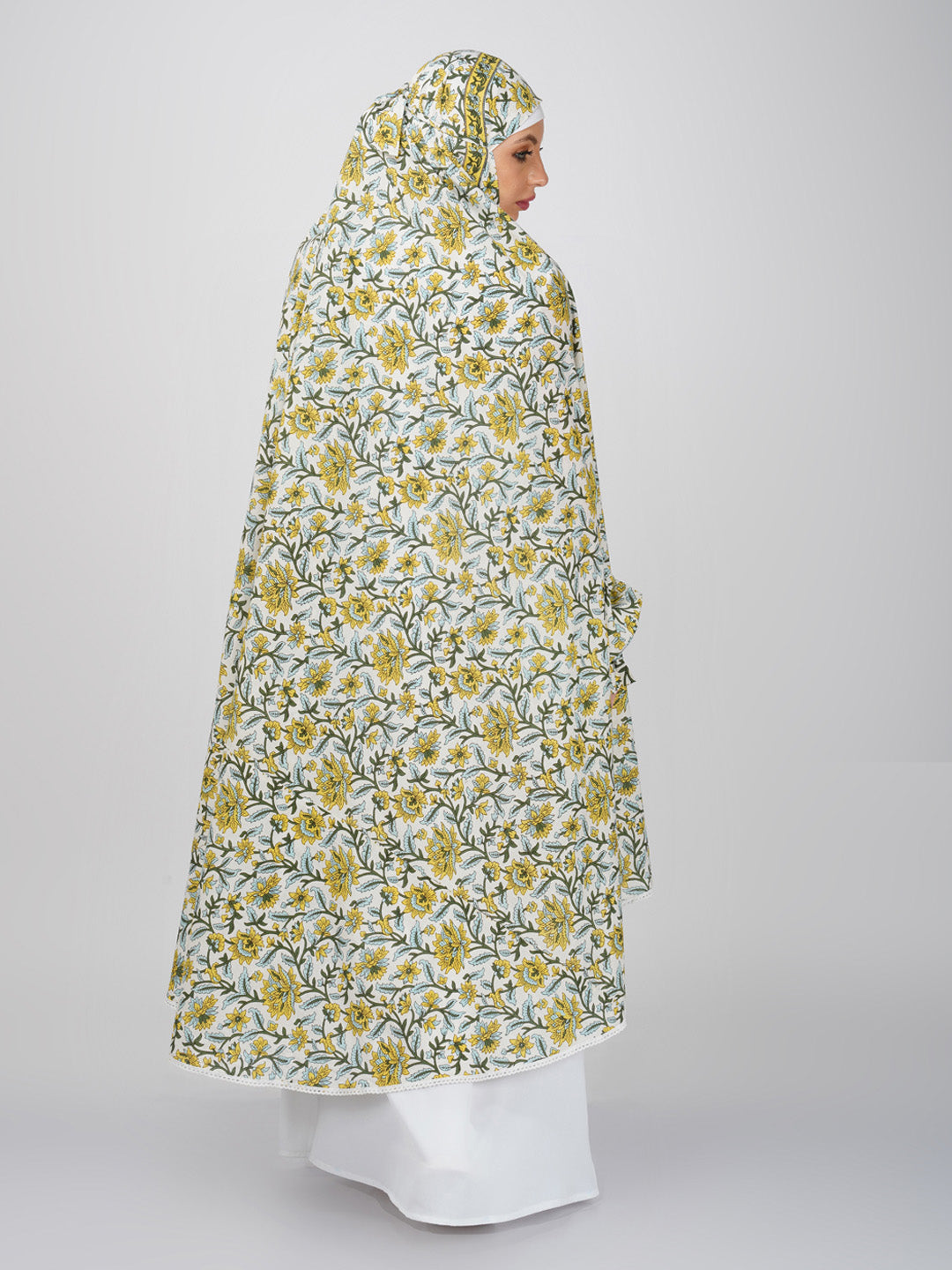 Ruhee Yellow Floral Knee Length Cotton Namaz Makhna