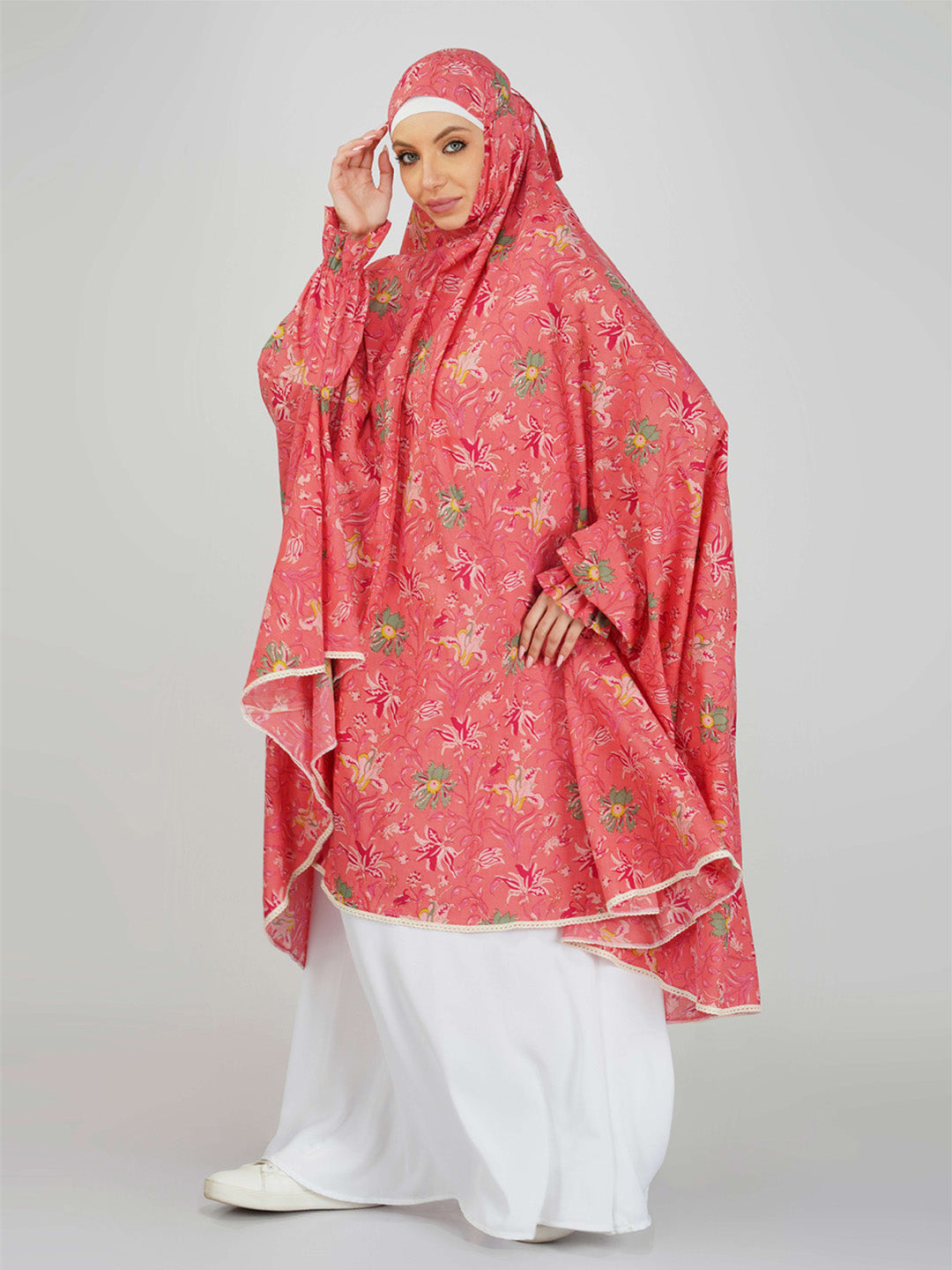 Hena Pink Floral Knee Length Cotton Namaz Makhna