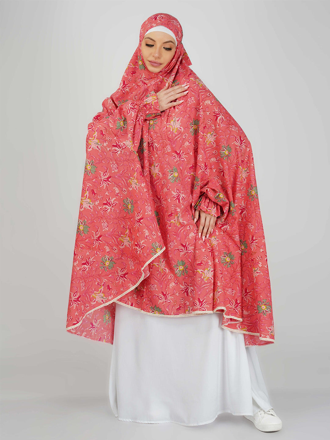 Hena Pink Floral Knee Length Cotton Namaz Makhna