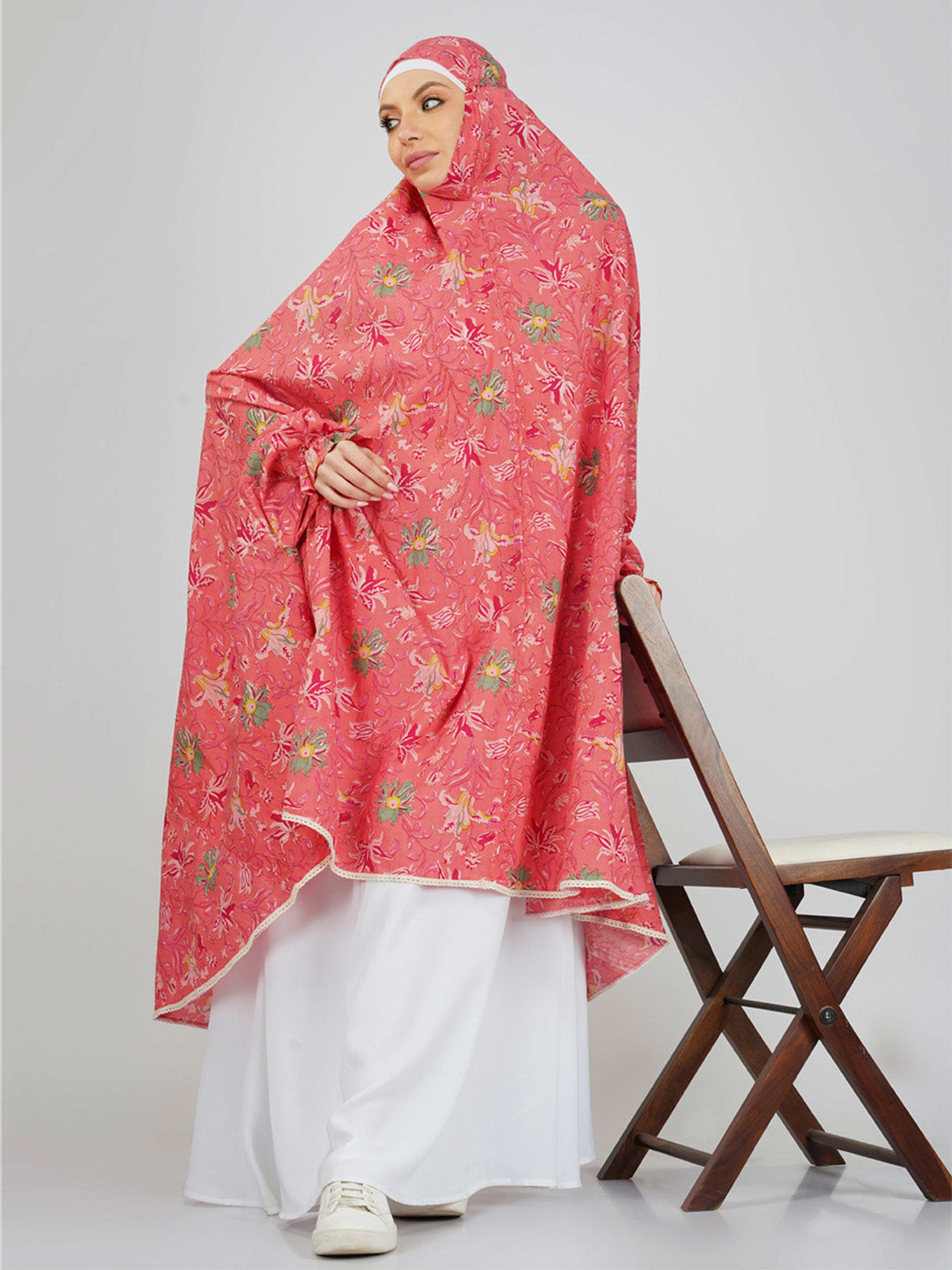 Hena Pink Floral Knee Length Cotton Namaz Makhna