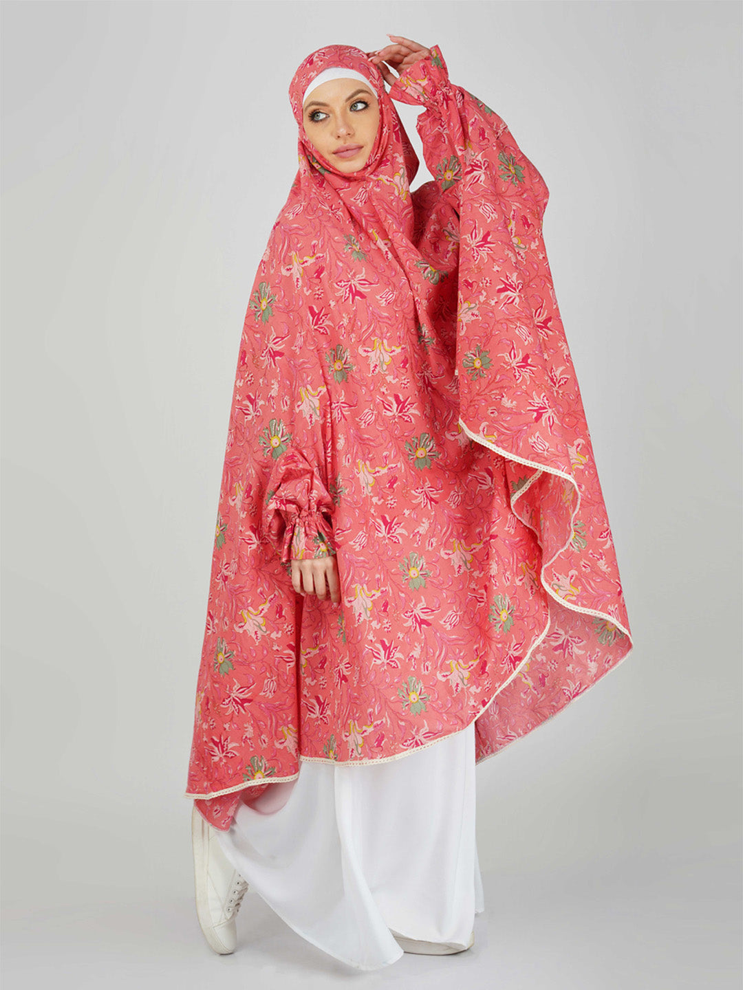 Hena Pink Floral Knee Length Cotton Namaz Makhna