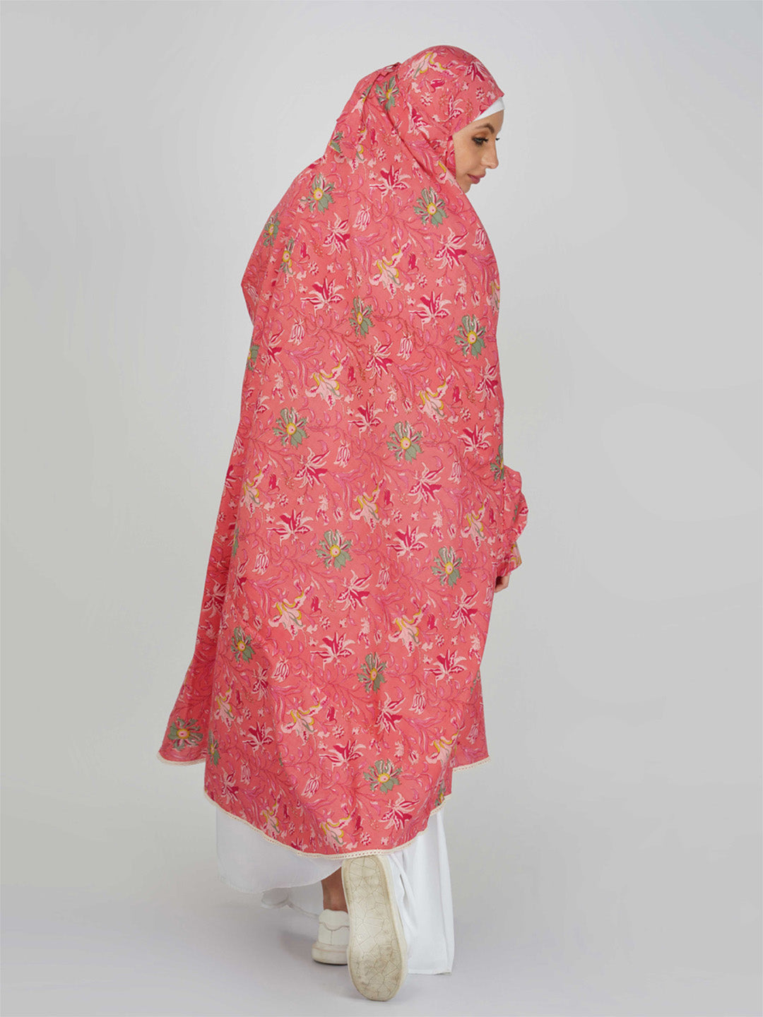 Hena Pink Floral Knee Length Cotton Namaz Makhna