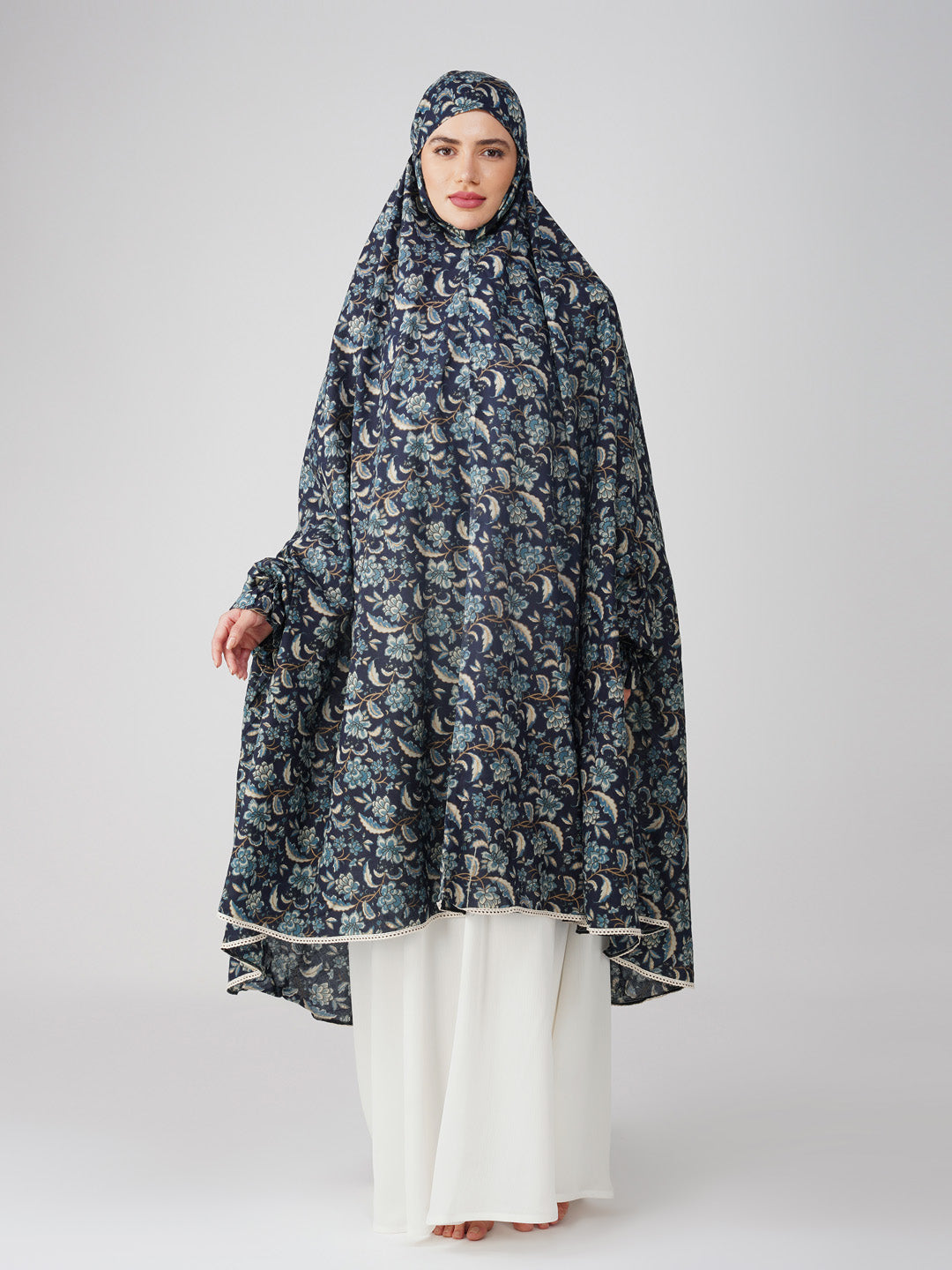 Madiha Navy Blue Foil Floral Knee Length Cotton Namaz Makhna
