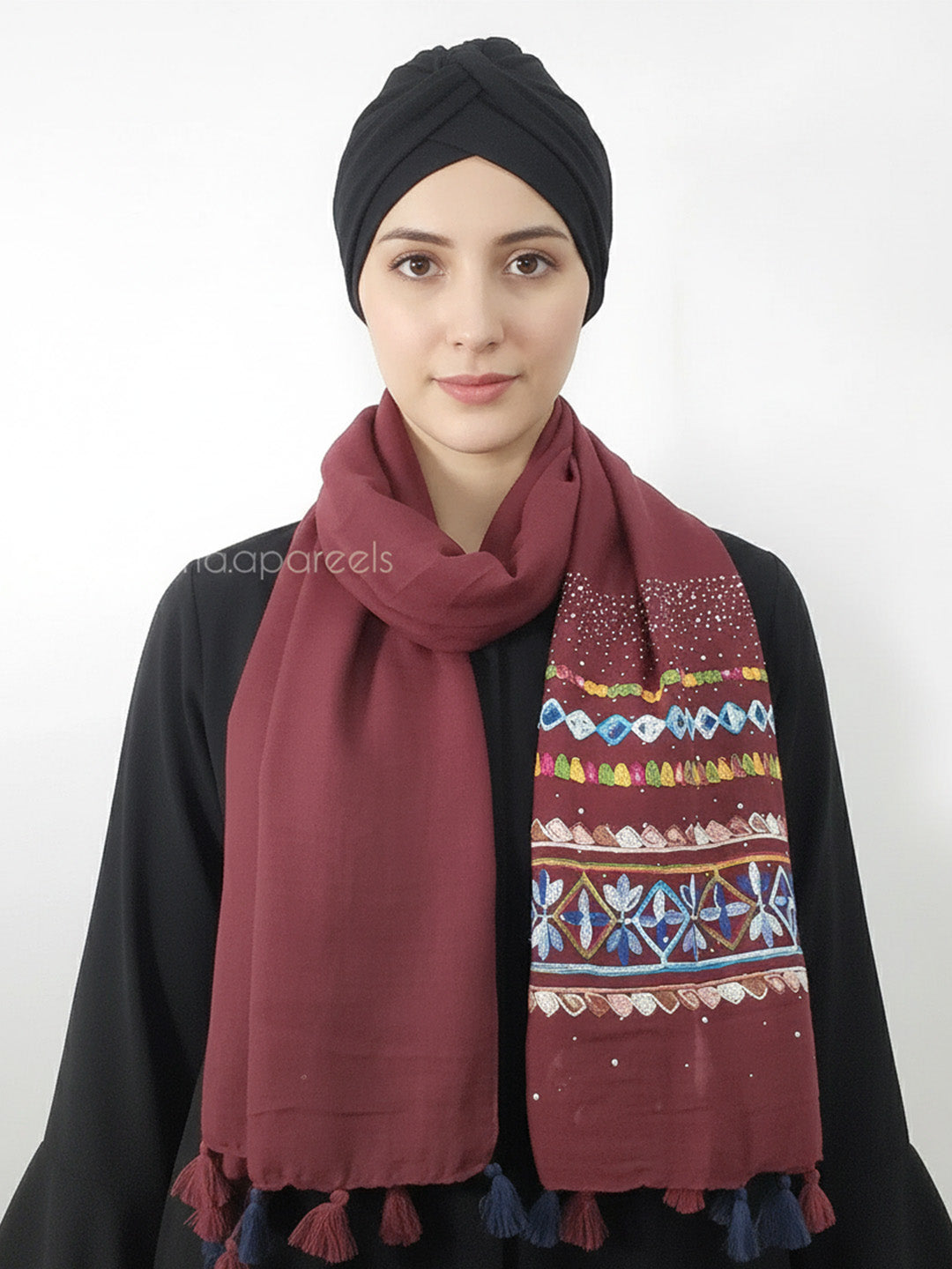 Embroidery Diamante Hijab with Tassel