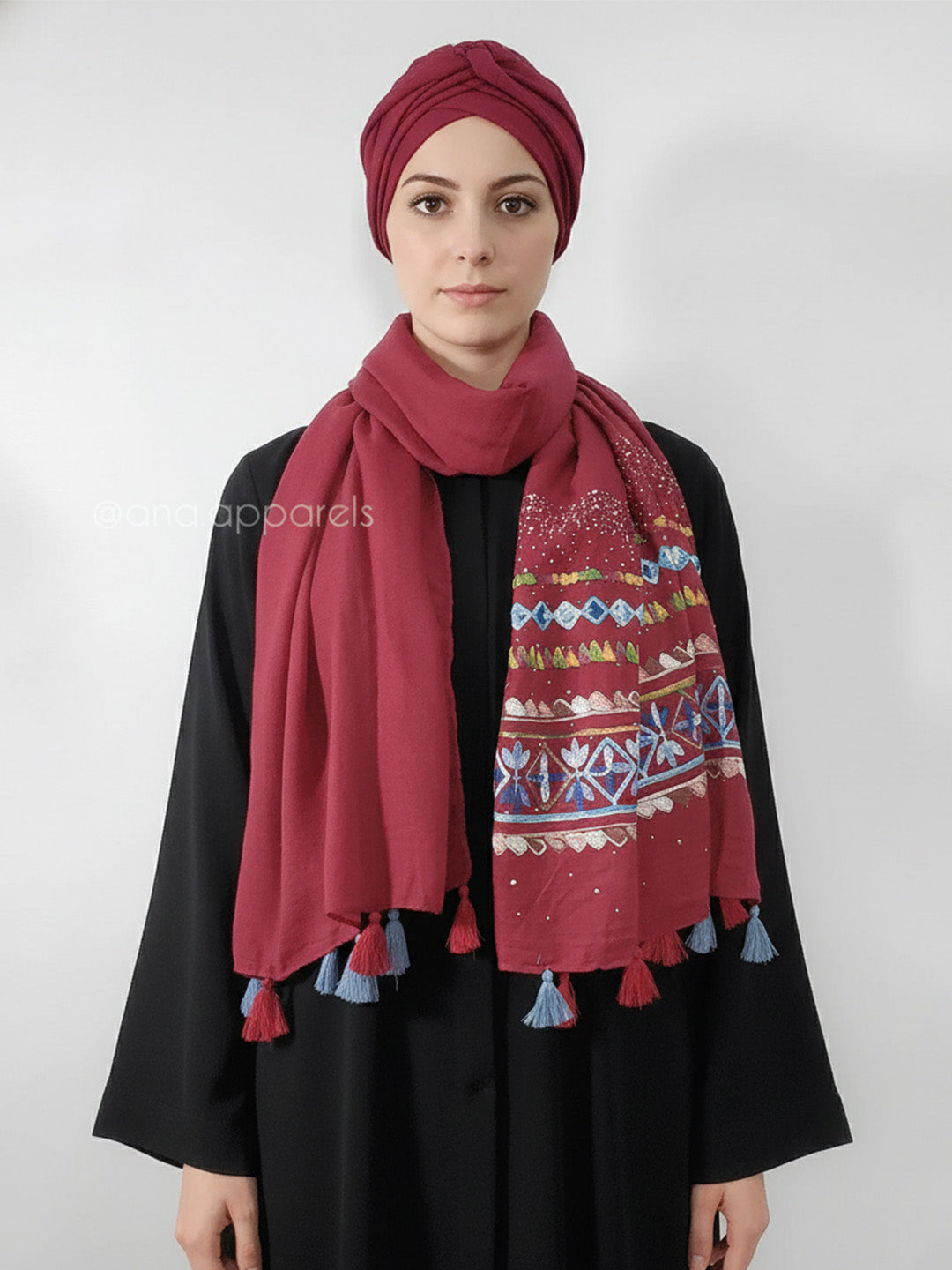 Embroidery Diamante Hijab with Tassel