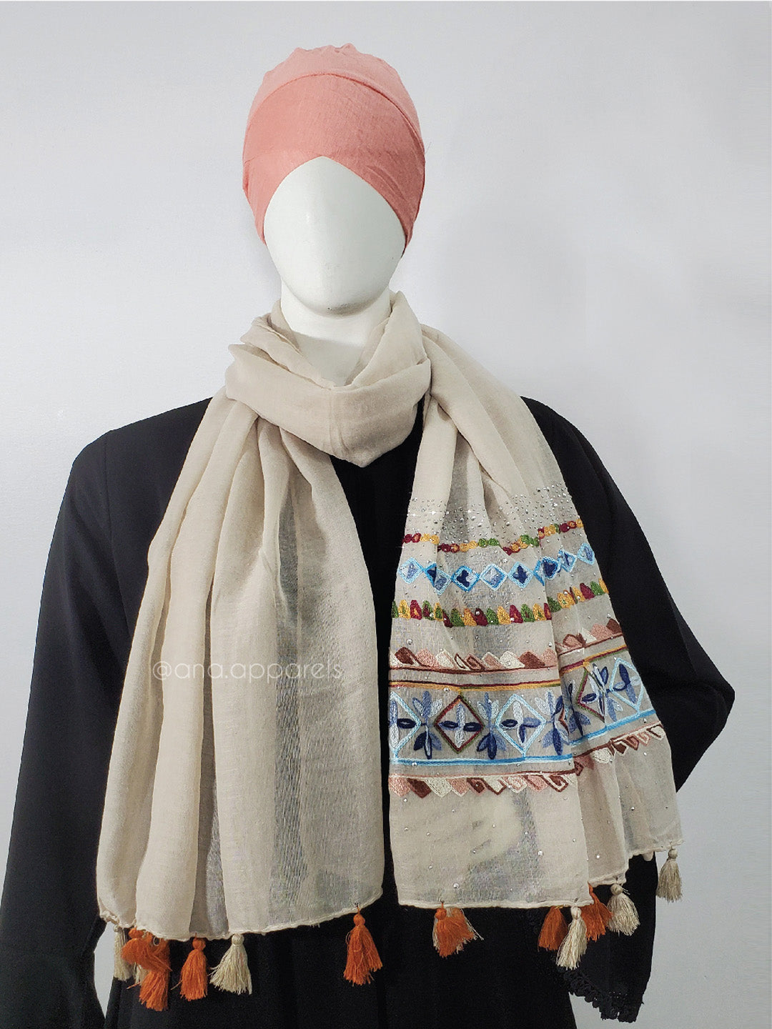 Embroidery Diamante Hijab with Tassel